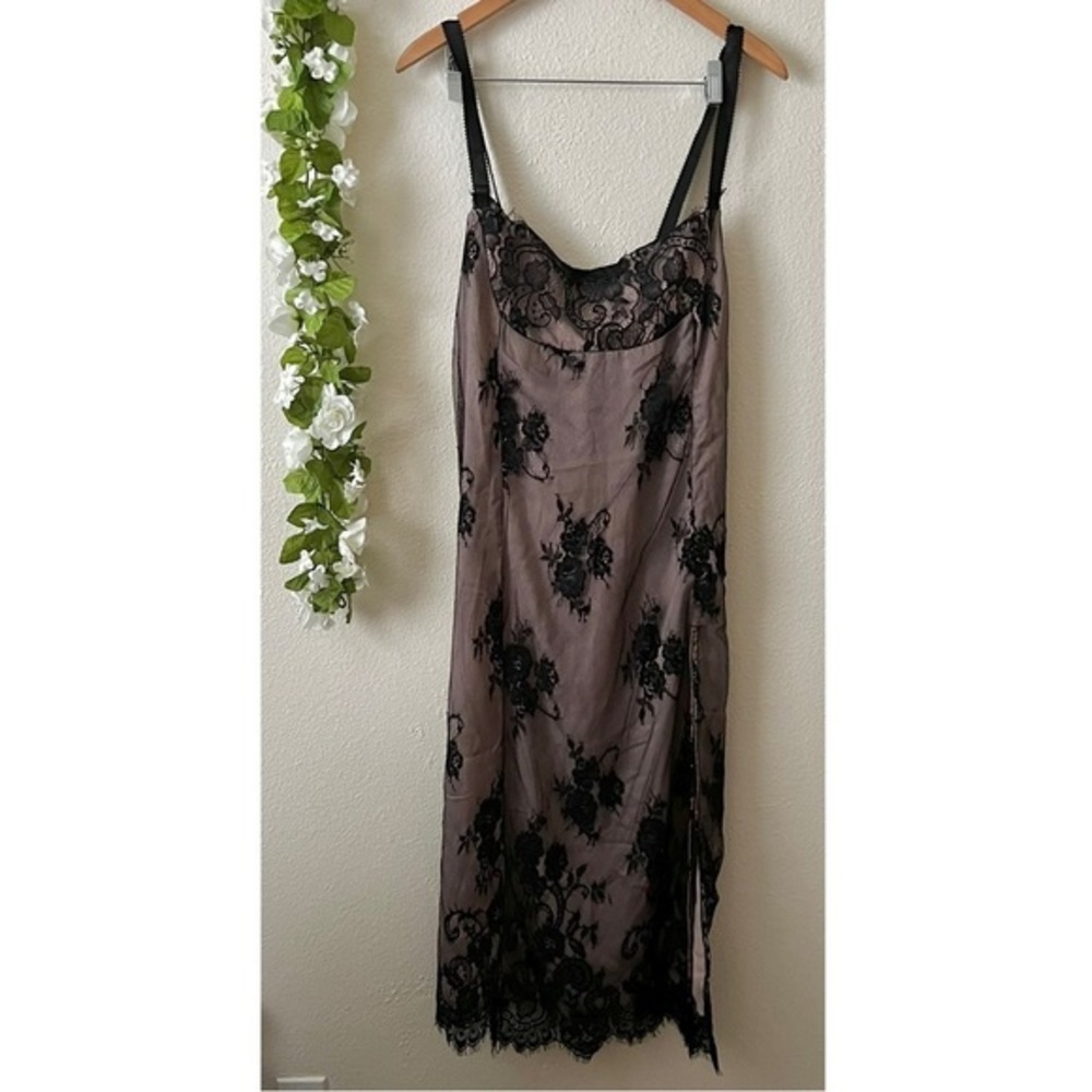 Anthropologie Mauve Nude Black Lace Overlay Side Slit Slip Dress - Picture 2 of 14